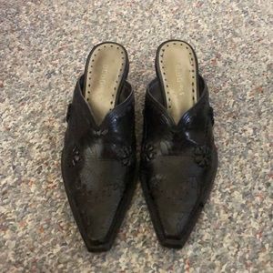 Black leather cowboy boot style mules size 6